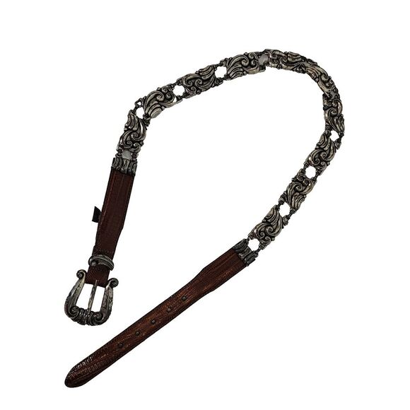 Vintage 1996 Brighton Concho Ornate Filigree‎ Brown Leather Belt Size M Boho - Picture 1 of 11